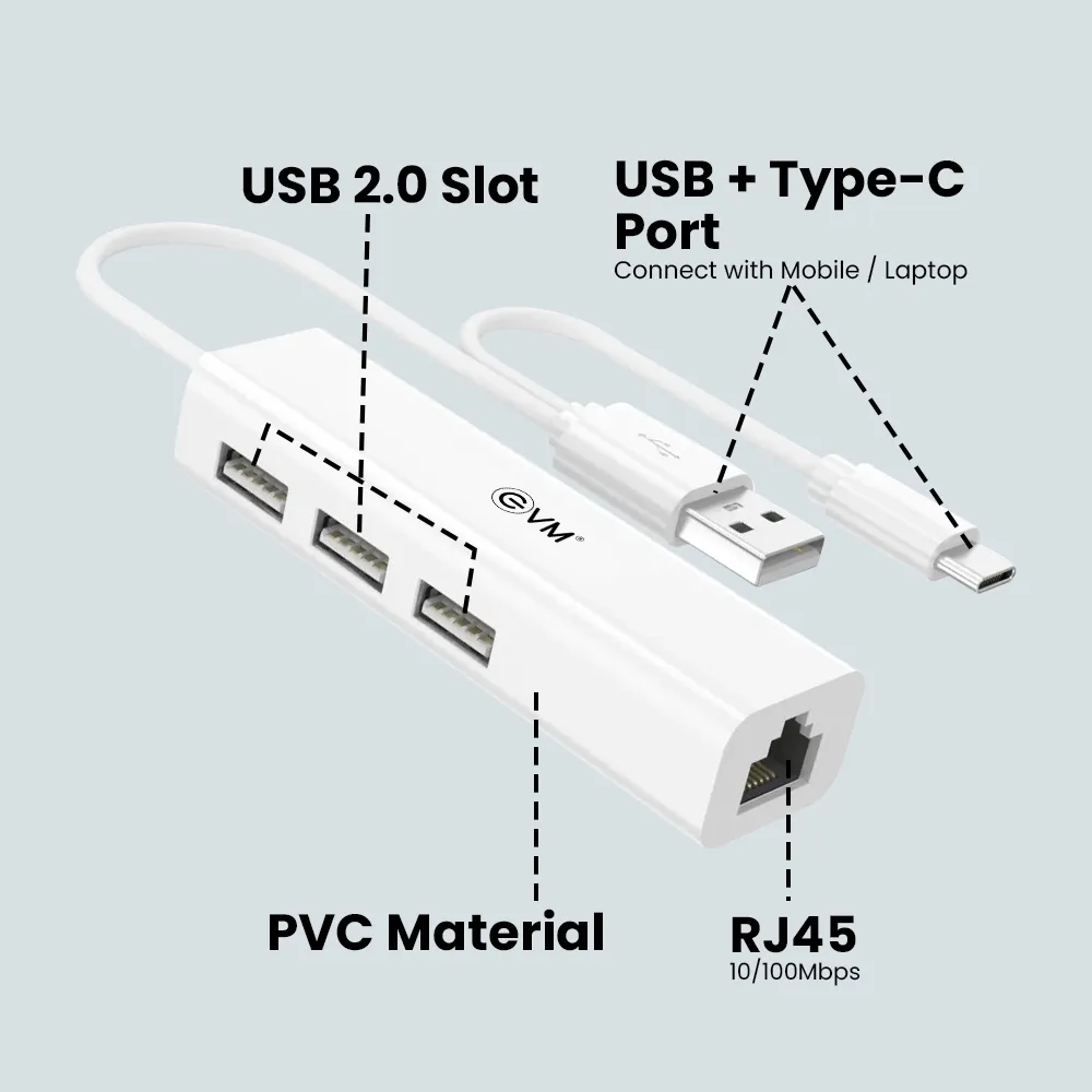 EVM Type-C + USB to USB Hub 3 Ports 2.0 With LAN (H2) (A1652) view 7